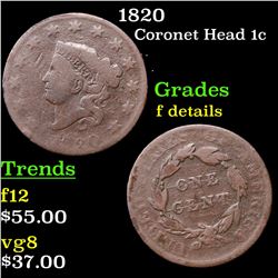 1820 Coronet Head Large Cent 1c Grades f details