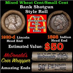 Mixed small cents 1c orig shotgun roll, 1920-d Wheat Cent, 1898 Indian Cent other end
