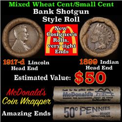 Mixed small cents 1c orig shotgun roll, 1917-d Wheat Cent, 1899 Indian Cent other end