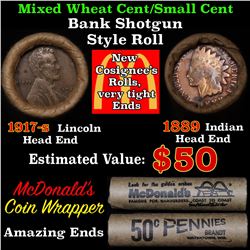 Mixed small cents 1c orig shotgun roll, 1917-s Wheat Cent, 1889 Indian Cent other end