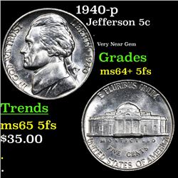 1940-p Jefferson Nickel 5c Grades Choice Unc+ 5fs