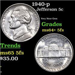 1940-p Jefferson Nickel 5c Grades Choice Unc+ 5fs