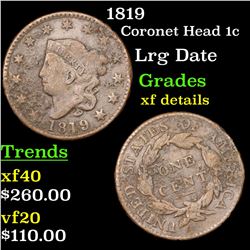 1819 Coronet Head Large Cent 1c Grades xf details