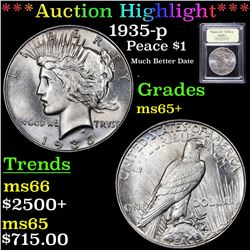 ***Auction Highlight*** 1935-p Peace Dollar $1 Graded GEM+ Unc By USCG (fc)
