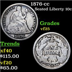 1876-cc Seated Liberty Dime 10c Grades vf+