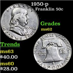 1950-p Franklin Half Dollar 50c Grades Select Unc