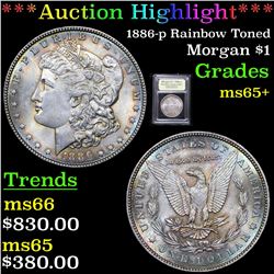 ***Auction Highlight*** 1886-p Rainbow Toned Morgan Dollar $1 Graded GEM+ Unc By USCG (fc)
