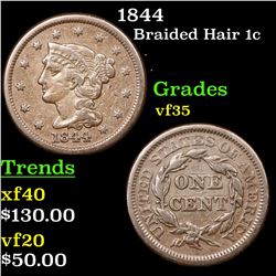 1844 Braided Hair Large Cent 1c Grades vf++