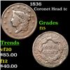 1836 Coronet Head Large Cent 1c Grades f+