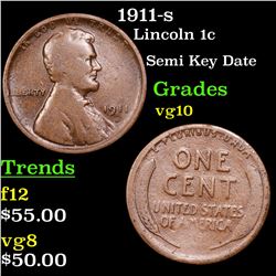 1911-s Lincoln Cent 1c Grades vg+