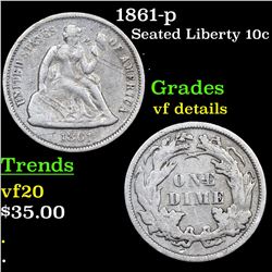 1861-p Seated Liberty Dime 10c Grades vf details