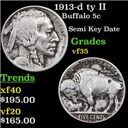 1913-d ty II Buffalo Nickel 5c Grades vf++