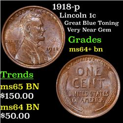 1918-p Lincoln Cent 1c Grades Choice+ Unc BN