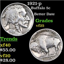 1921-p Buffalo Nickel 5c Grades vf+