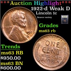 ***Auction Highlight*** 1922-d Weak D Lincoln Cent 1c Graded Select Unc RB By USCG (fc)