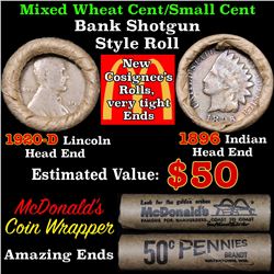 Mixed small cents 1c orig shotgun roll, 1920-d Wheat Cent, 1896 Indian Cent other end