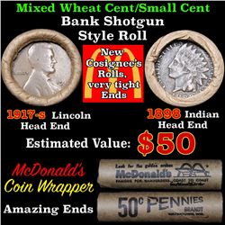 Mixed small cents 1c orig shotgun roll, 1917-s Wheat Cent, 1898 Indian Cent other end