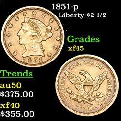 1851-p Gold Liberty Quarter Eagle $2 1/2 Grades xf+
