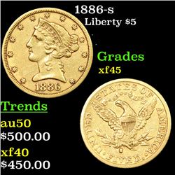 1886-s Gold Liberty Half Eagle $5 Grades xf+