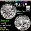 Image 1 : ***Auction Highlight*** 1913-p Ty II Buffalo Nickel 5c Graded GEM+ Unc By USCG (fc)
