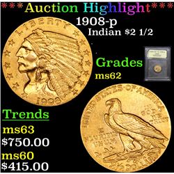 ***Auction Highlight*** 1908-p Gold Indian Quarter Eagle $2 1/2 Graded Select Unc By USCG (fc)