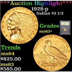***Auction Highlight*** 1928-p Gold Indian Quarter Eagle $2 1/2 Graded Select+ Unc By USCG (fc)