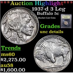 ***Auction Highlight*** 1937-d 3 Leg Buffalo Nickel 5c Graded Unc Details By USCG (fc)