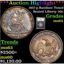 ***Auction Highlight*** 1857-p Rainbow Toned Seated Half Dollar 50c Graded Select Unc By USCG (fc)