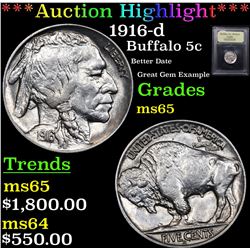 ***Auction Highlight*** 1916-d Buffalo Nickel 5c Graded GEM Unc By USCG (fc)