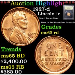 ***Auction Highlight*** 1927-d Lincoln Cent 1c Graded GEM Unc RD By USCG (fc)