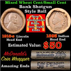 Mixed small cents 1c orig shotgun roll, 1918-s Wheat Cent, 1893 Indian Cent other end