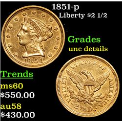 1851-p Gold Liberty Quarter Eagle $2 1/2 Grades Unc Details