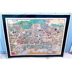 Framed Honolulu Cartoon Map 1984, Celebrating 25 Years of Statehood 37" x 28"
