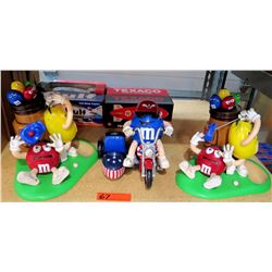 Qty 3 Collectible M&M Figures - 2 Golfing & One on Motorcycle w/ Sidecar