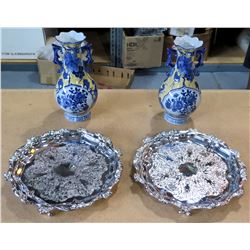 Qty 2 Blue Oriental Vases & 2 Wallace 1114 Silverplated Footed Serving Trays