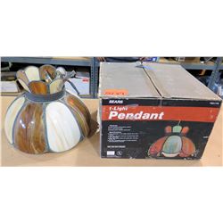 Qty 7 New Sears Hanging Pendant Lamp, Brown & White Stained Glass
