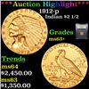 Image 1 : ***Auction Highlight*** 1912-p Gold Indian Quarter Eagle $2 1/2 Graded Select+ Unc By USCG (fc)