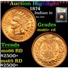 Image 1 : ***Auction Highlight*** 1874 Indian Cent 1c Graded Gem+ Unc RD By USCG (fc)