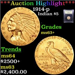 ***Auction Highlight*** 1914-p Gold Indian Half Eagle $5 Graded Select+ Unc By USCG (fc)