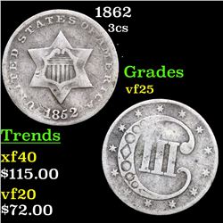 1862 Three Cent Silver 3cs Grades vf+