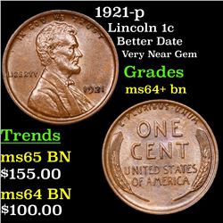 1921-p Lincoln Cent 1c Grades Choice+ Unc BN