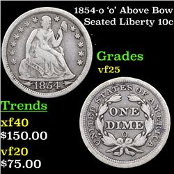 1854-o 'o' Above Bow Seated Liberty Dime 10c Grades vf+