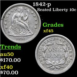 1842-p Seated Liberty Dime 10c Grades xf+