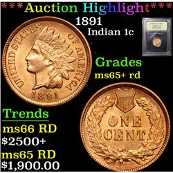 ***Auction Highlight*** 1891 Indian Cent 1c Graded Gem+ Unc RD By USCG (fc)