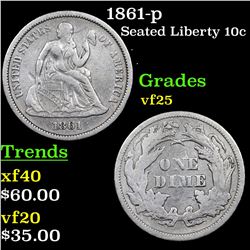 1861-p Seated Liberty Dime 10c Grades vf+