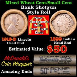 Mixed small cents 1c orig shotgun roll, 1918-d Wheat Cent, 1899 Indian Cent other end