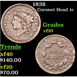 1838 Coronet Head Large Cent 1c Grades vf++
