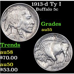 1913-d Ty I Buffalo Nickel 5c Grades Choice AU