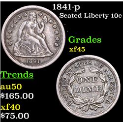 1841-p Seated Liberty Dime 10c Grades xf+