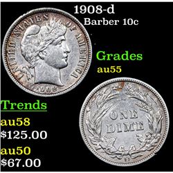 1908-d Barber Dime 10c Grades Choice AU